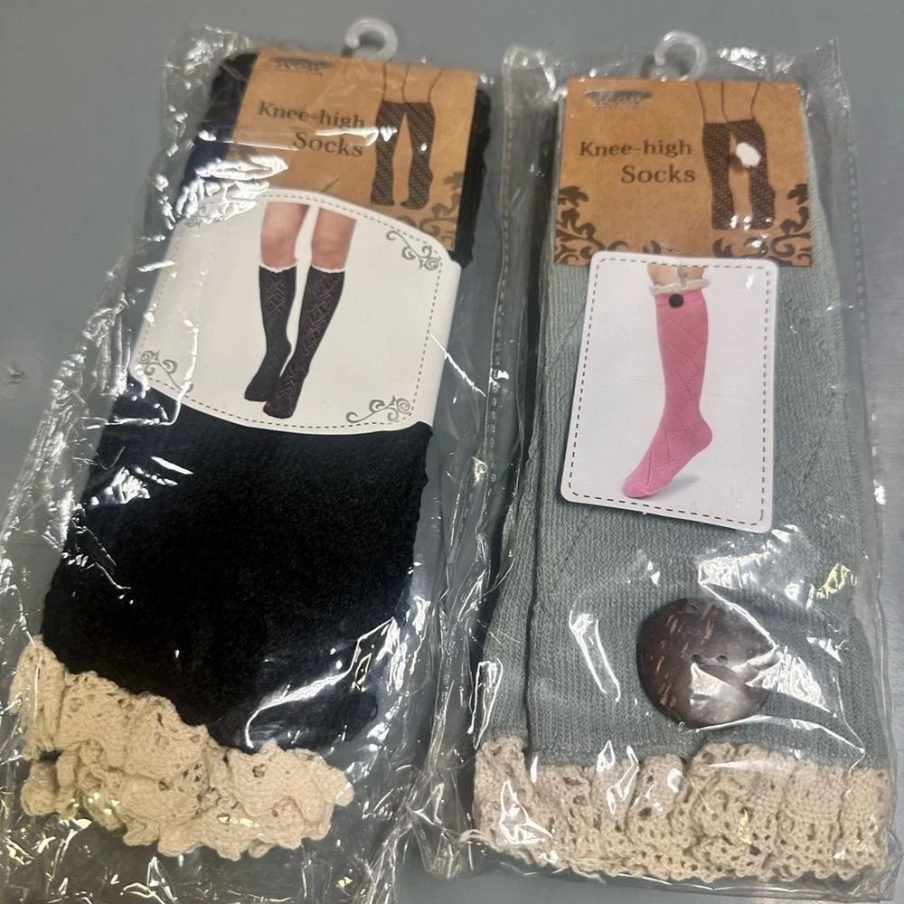 Elegant Lace Trim Knee-High Socks - Black and Blue